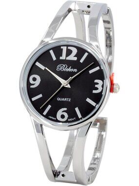 Women's Black/Silver Elegant Analog Quartz Casual Metal Cuff Bangle Design Watch